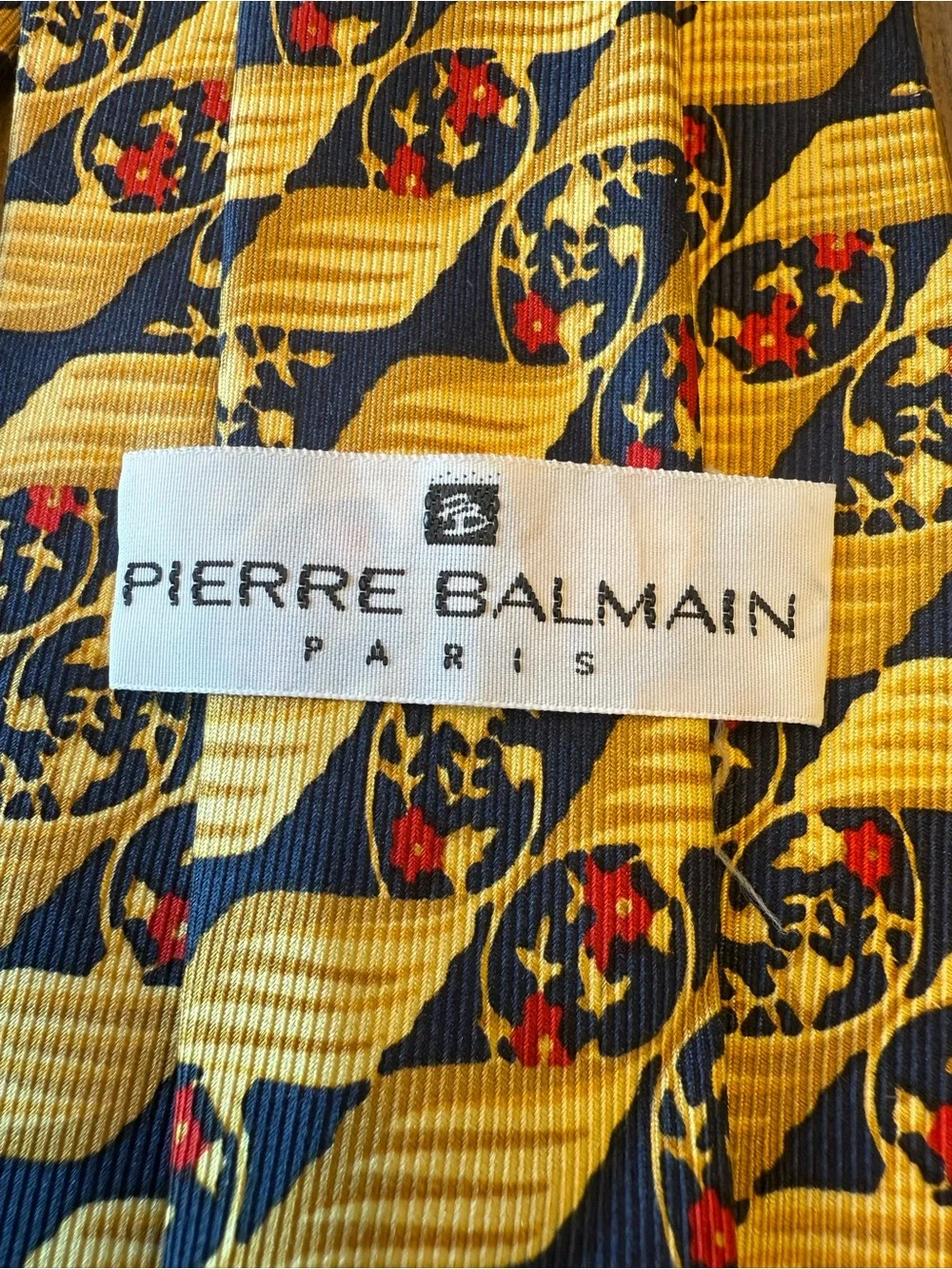Pierre Balmain Paris 100% Silk Floral Geometric Necktie Gold Navy Red 3.5”